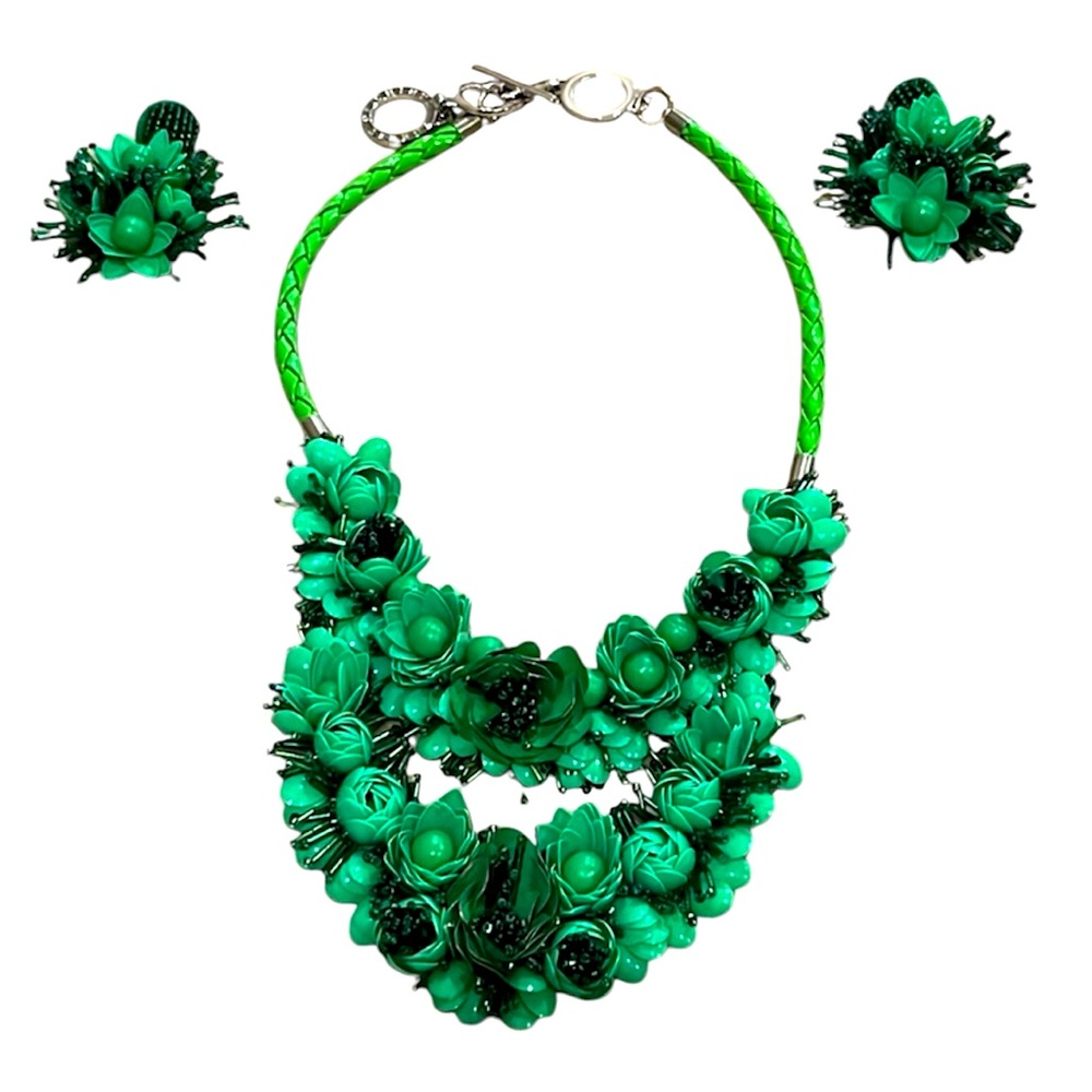 Forest of Chintz Necklace & Earrings Green Flowers Beads